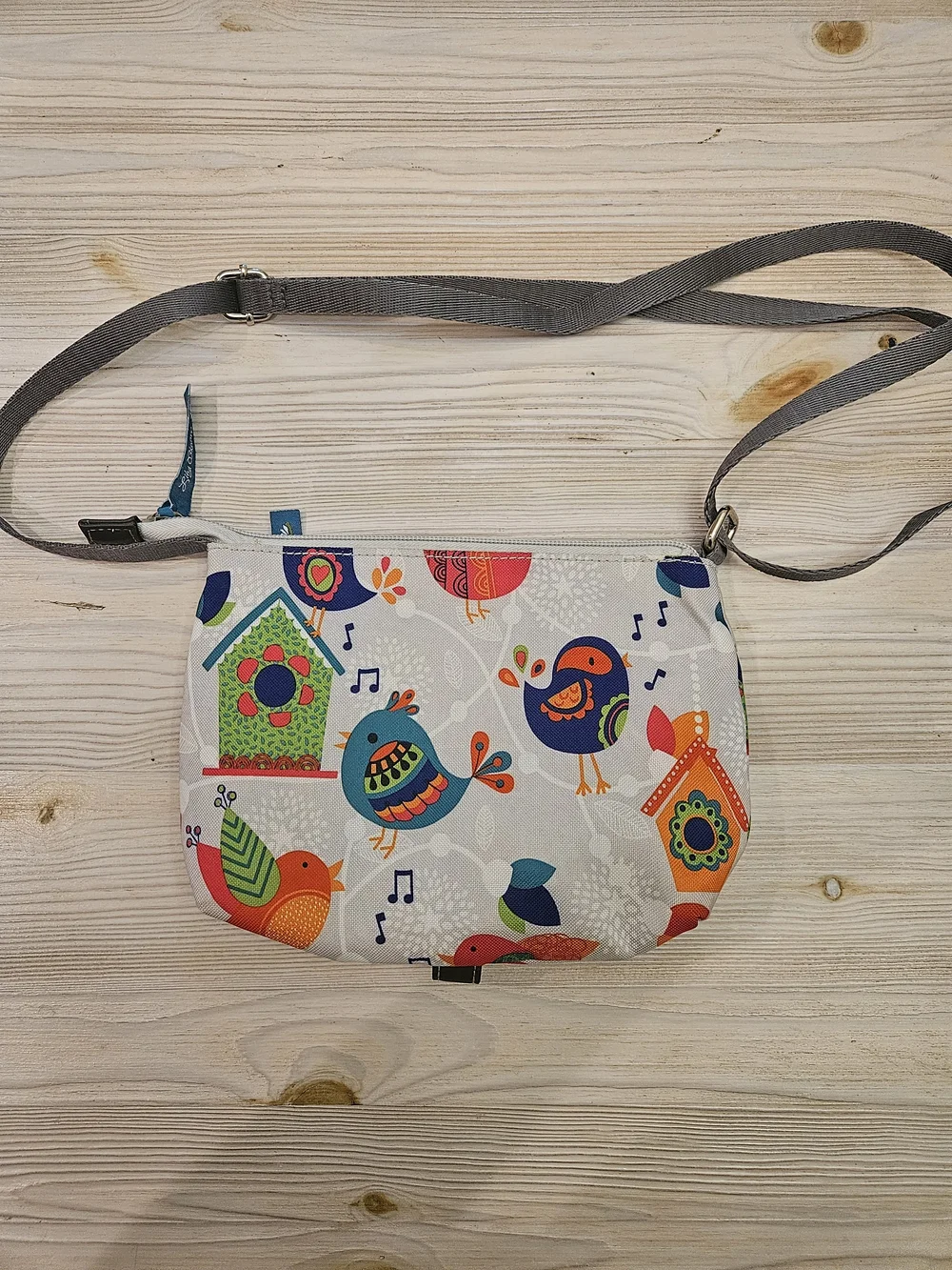 Lily Bloom Multicolor Bird Print Crossbody with Gray Strap